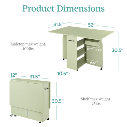 Multipurpose Folding Table w/ Wheels, 3 Storage Shelves, Cubby, Handle