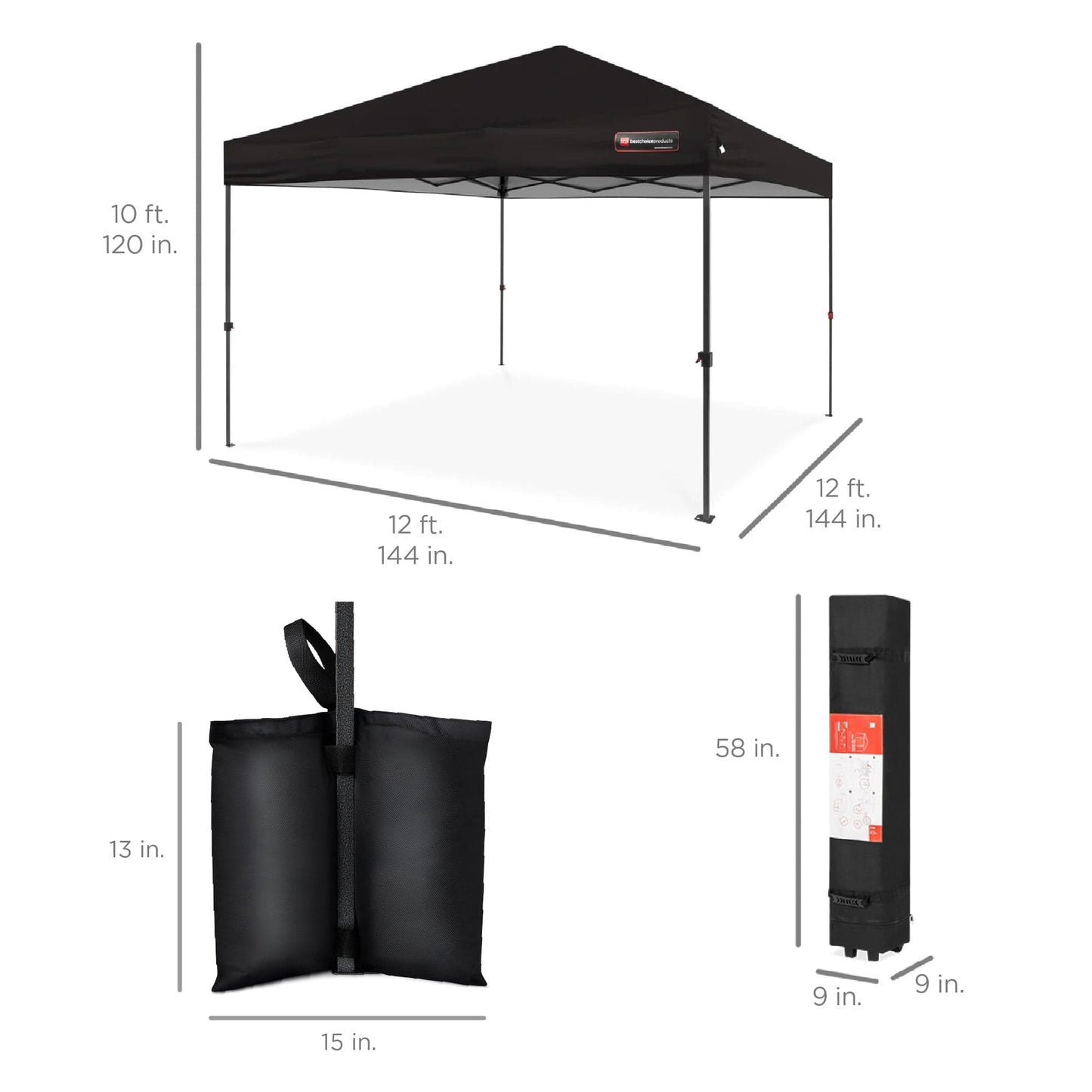 One-Person Setup Instant Pop Up Canopy w/ Case, 4 Weight Bags - 12x12ft