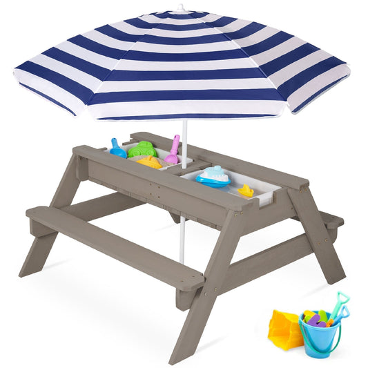 Wooden 3-in-1 Outdoor Kids Sand & Water Play Table with Adjustable Umbrella