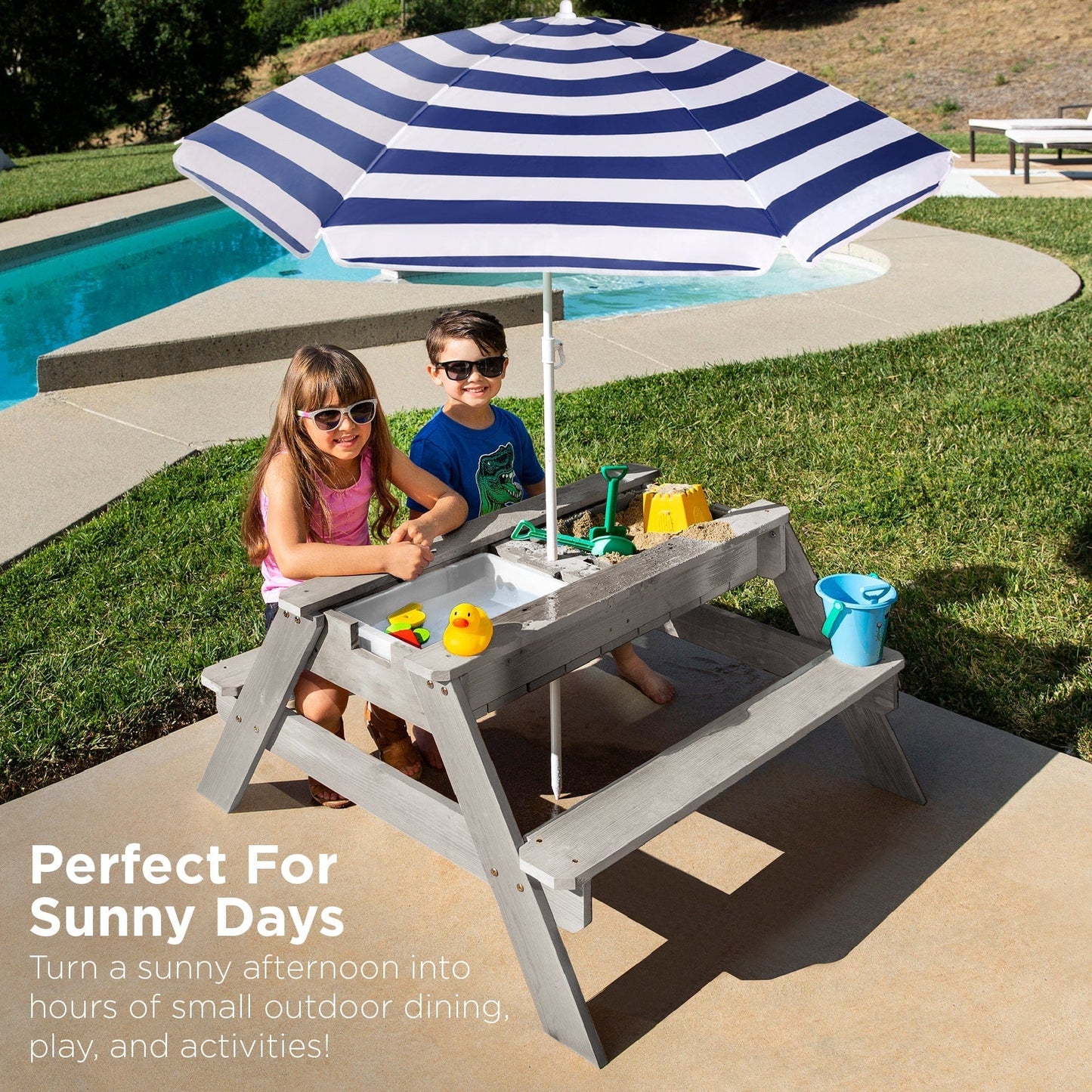 Wooden 3-in-1 Outdoor Kids Sand & Water Play Table with Adjustable Umbrella