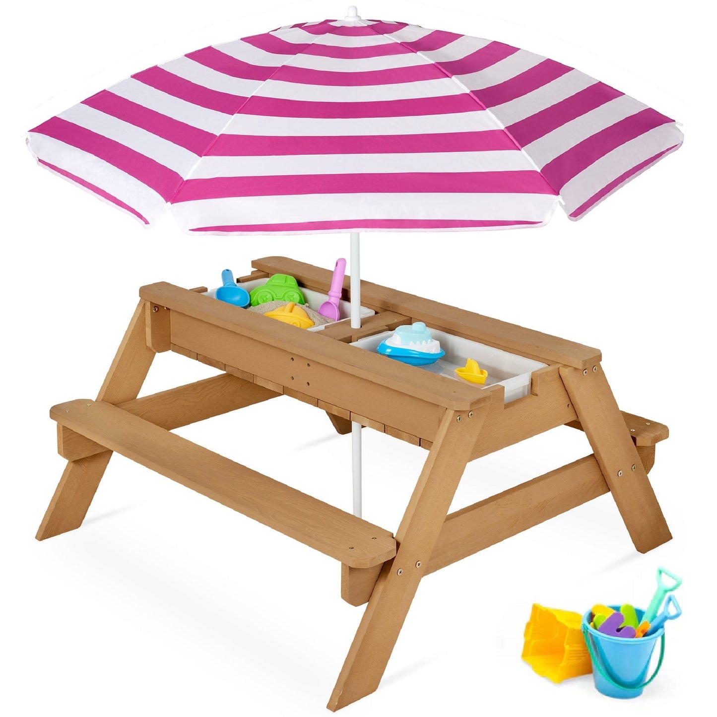 Wooden 3-in-1 Outdoor Kids Sand & Water Play Table with Adjustable Umbrella