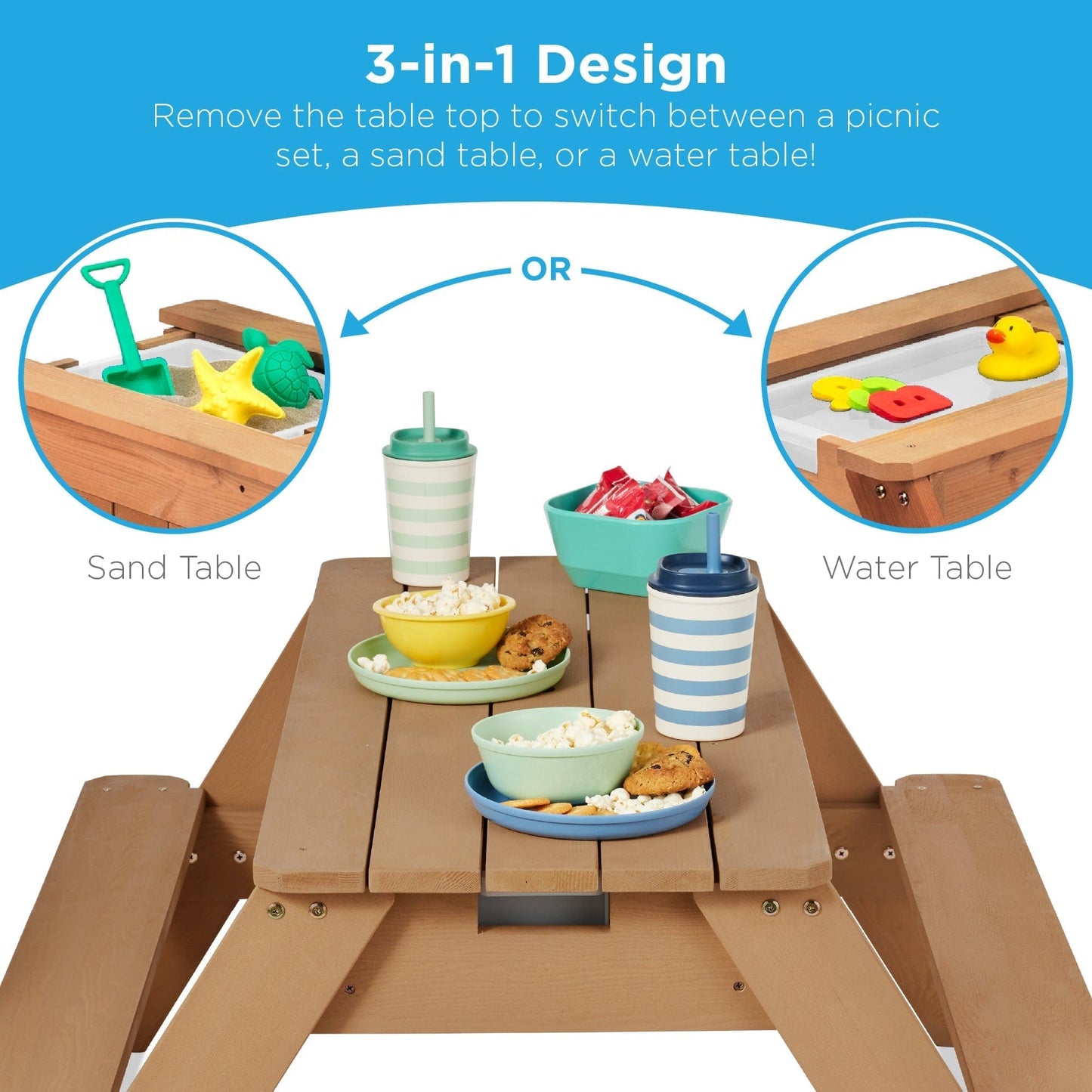 Wooden 3-in-1 Outdoor Kids Sand & Water Play Table with Adjustable Umbrella