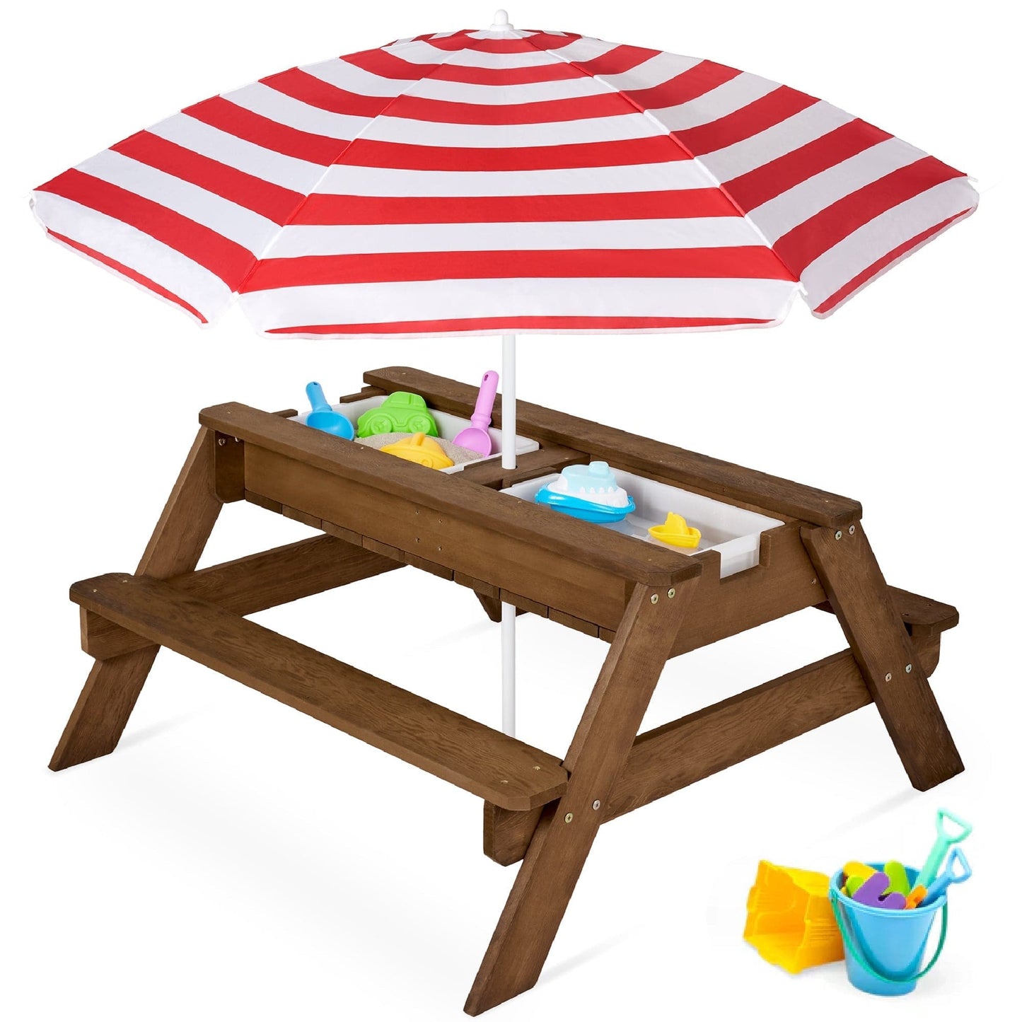 Wooden 3-in-1 Outdoor Kids Sand & Water Play Table with Adjustable Umbrella