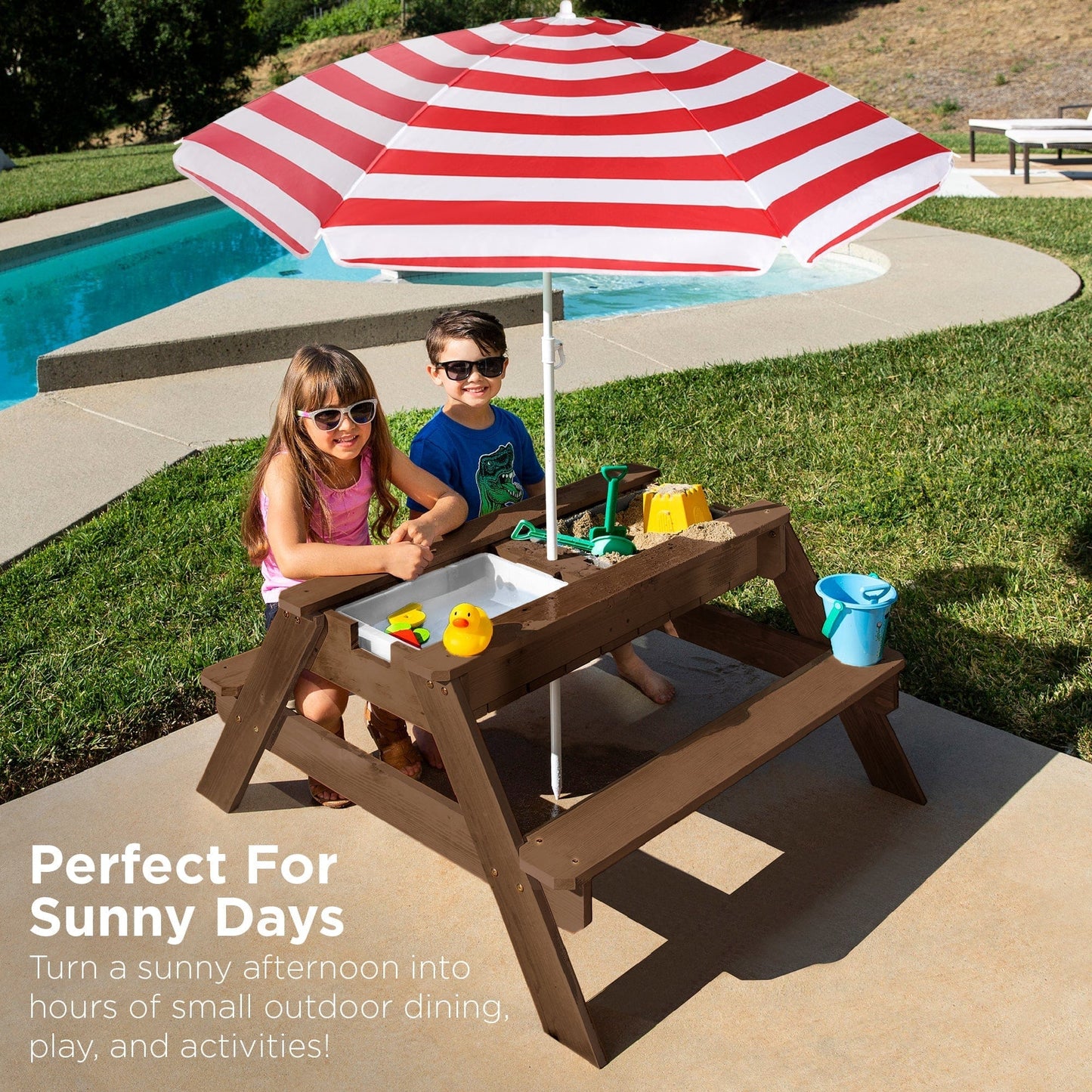 Wooden 3-in-1 Outdoor Kids Sand & Water Play Table with Adjustable Umbrella