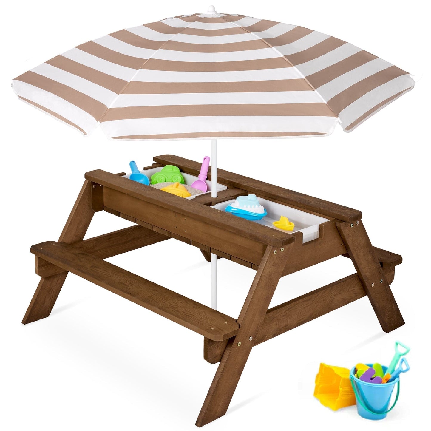 Wooden 3-in-1 Outdoor Kids Sand & Water Play Table with Adjustable Umbrella