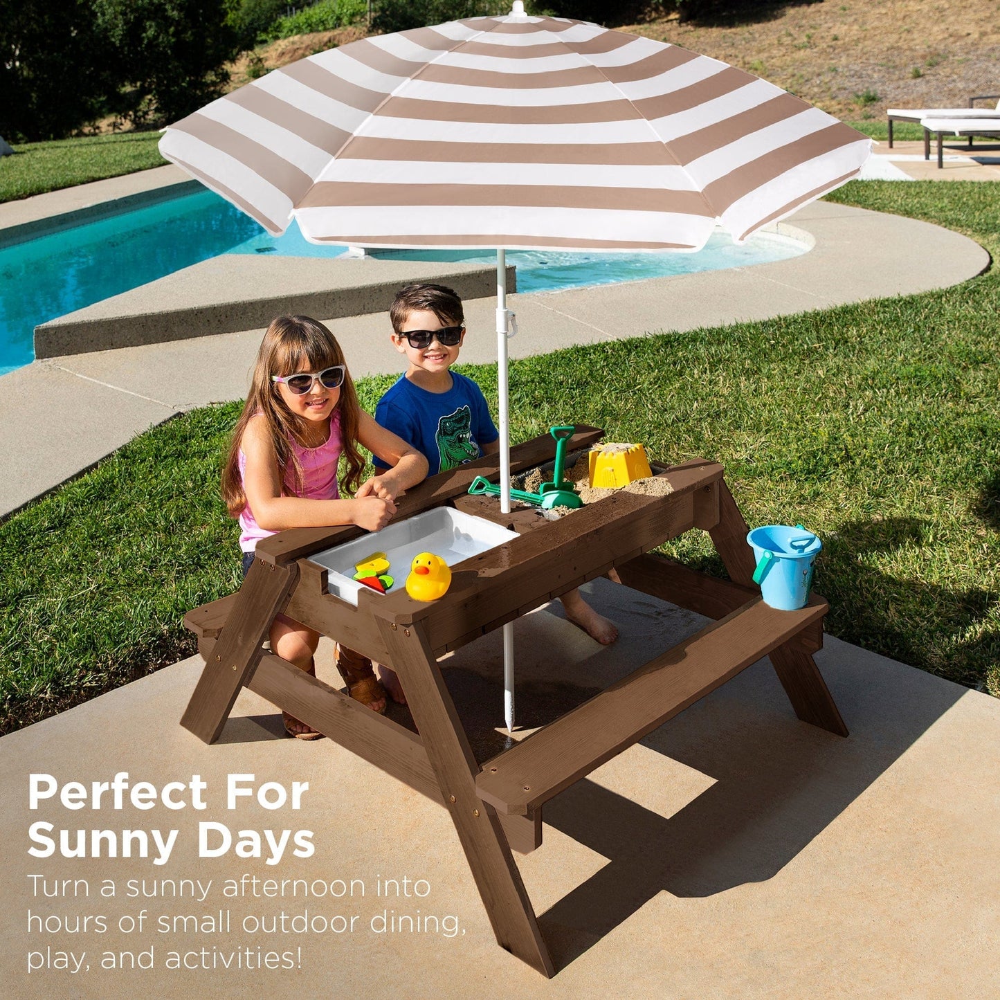 Wooden 3-in-1 Outdoor Kids Sand & Water Play Table with Adjustable Umbrella