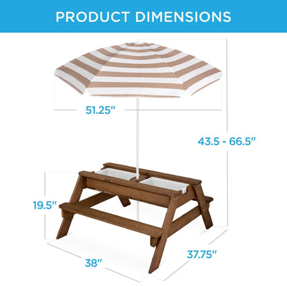 Wooden 3-in-1 Outdoor Kids Sand & Water Play Table with Adjustable Umbrella