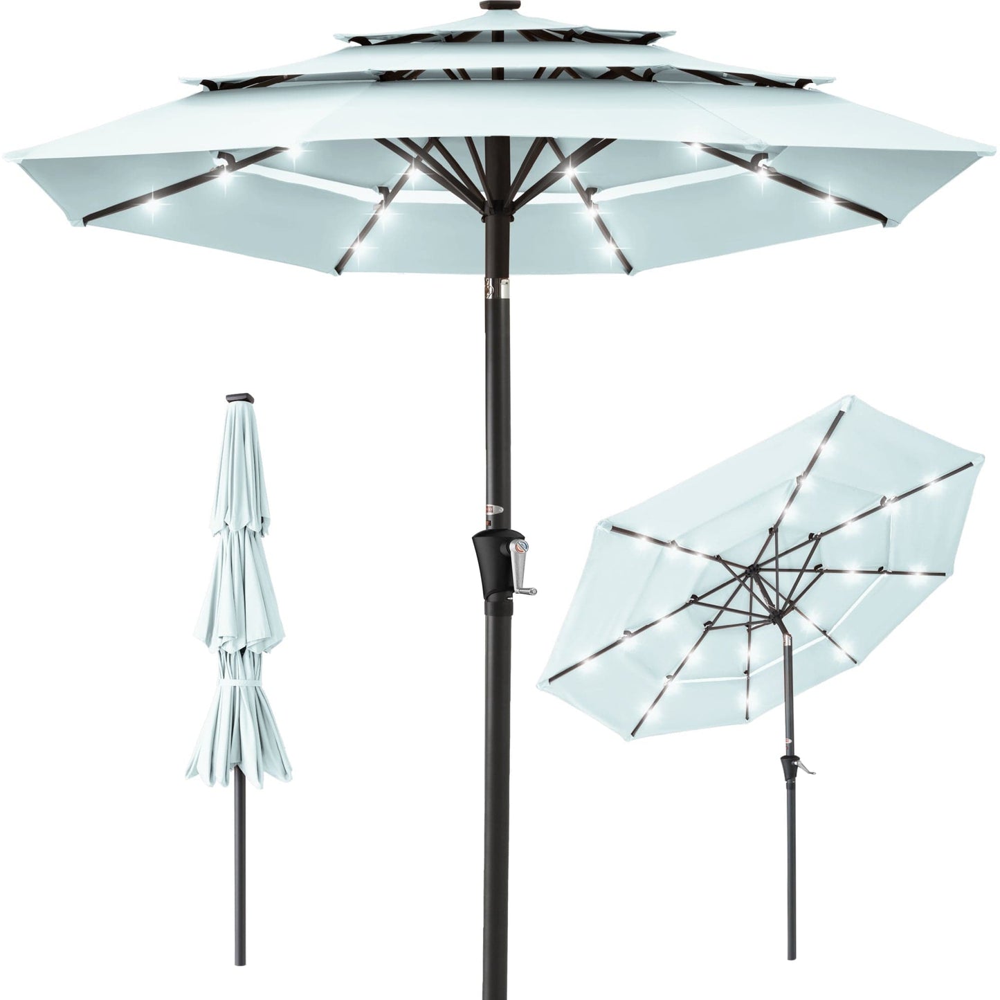 10ft 3-Tier Solar Patio Umbrella with Crank, Tilt Feature & 24 LED Lights