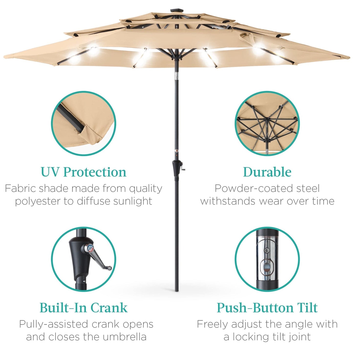 10ft 3-Tier Solar Patio Umbrella with Crank, Tilt Feature & 24 LED Lights