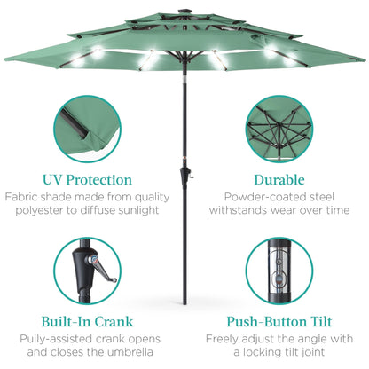 10ft 3-Tier Solar Patio Umbrella with Crank, Tilt Feature & 24 LED Lights