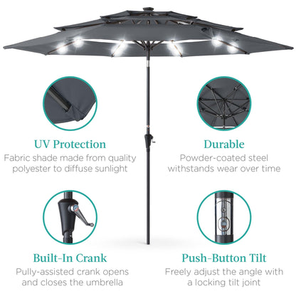 10ft 3-Tier Solar Patio Umbrella with Crank, Tilt Feature & 24 LED Lights