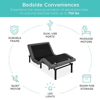 Smart Adjustable Bed Frame with Massage Function, Wireless Remote, and USB Charging Ports